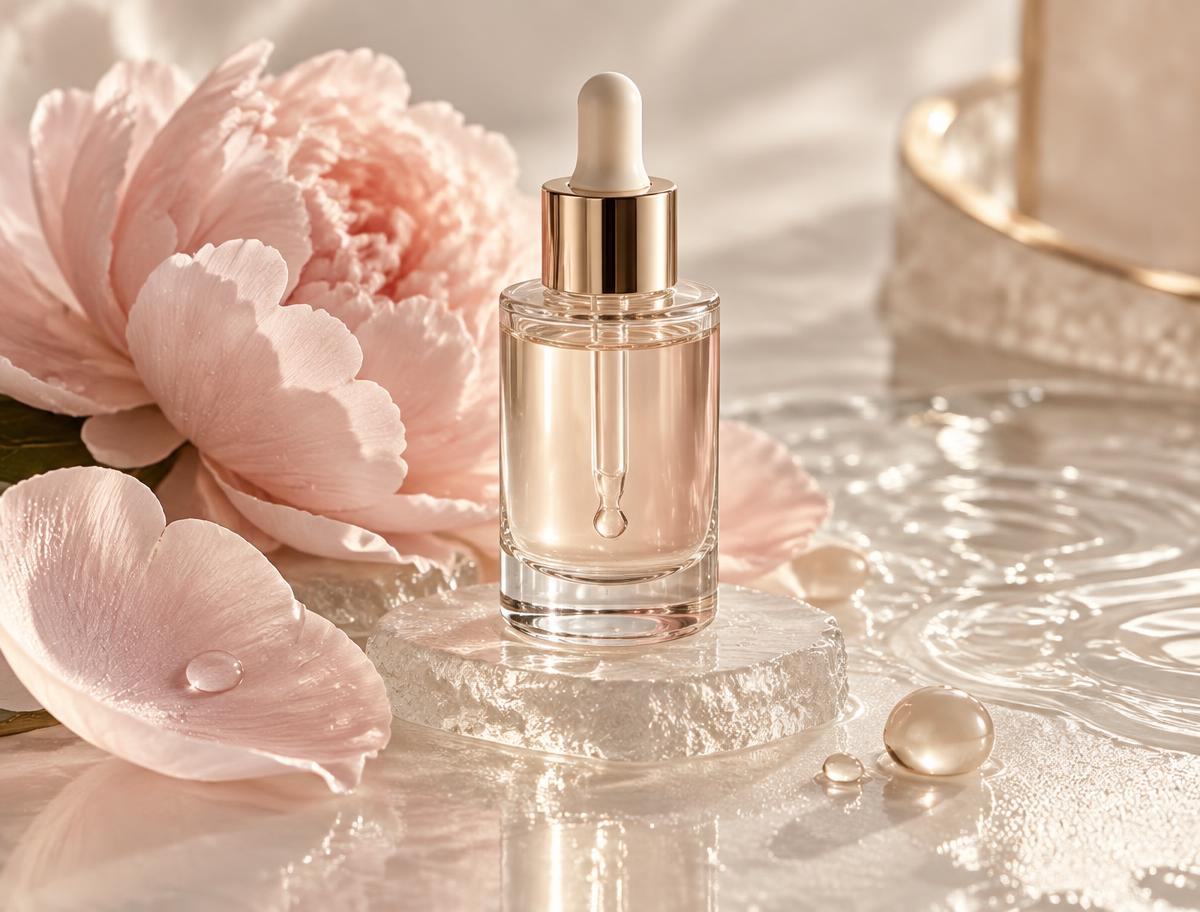 Sérum e flores em composição de skincare